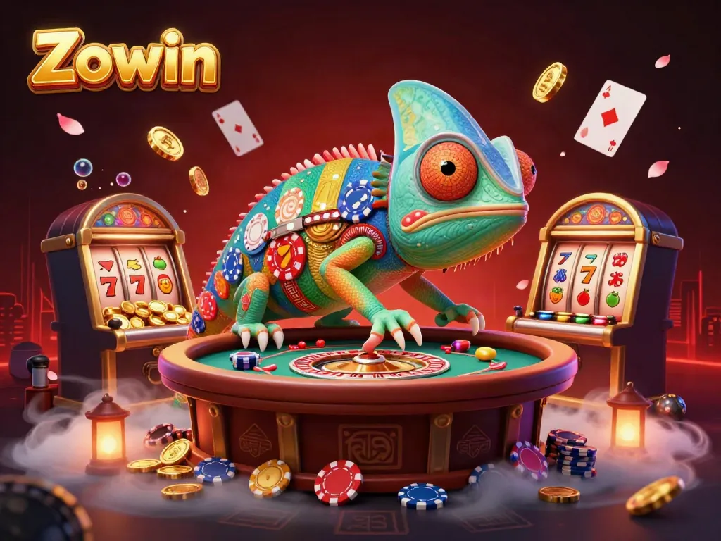 Zowin captures a vibrant casino scene with a chameleon owner collecting golden coins amid colorful slot machines.