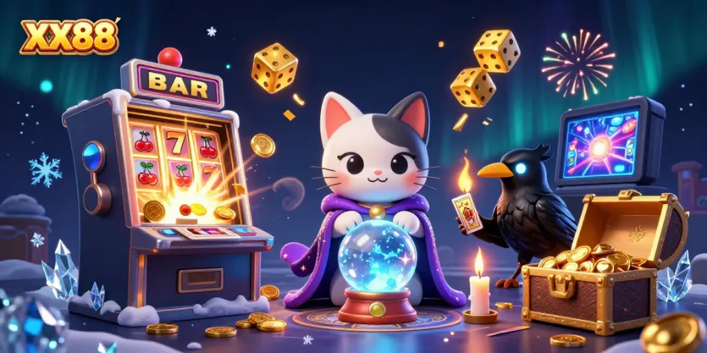 Win big with XX88 in this captivating casino illustration featuring a fortune teller cat and mystical elements.