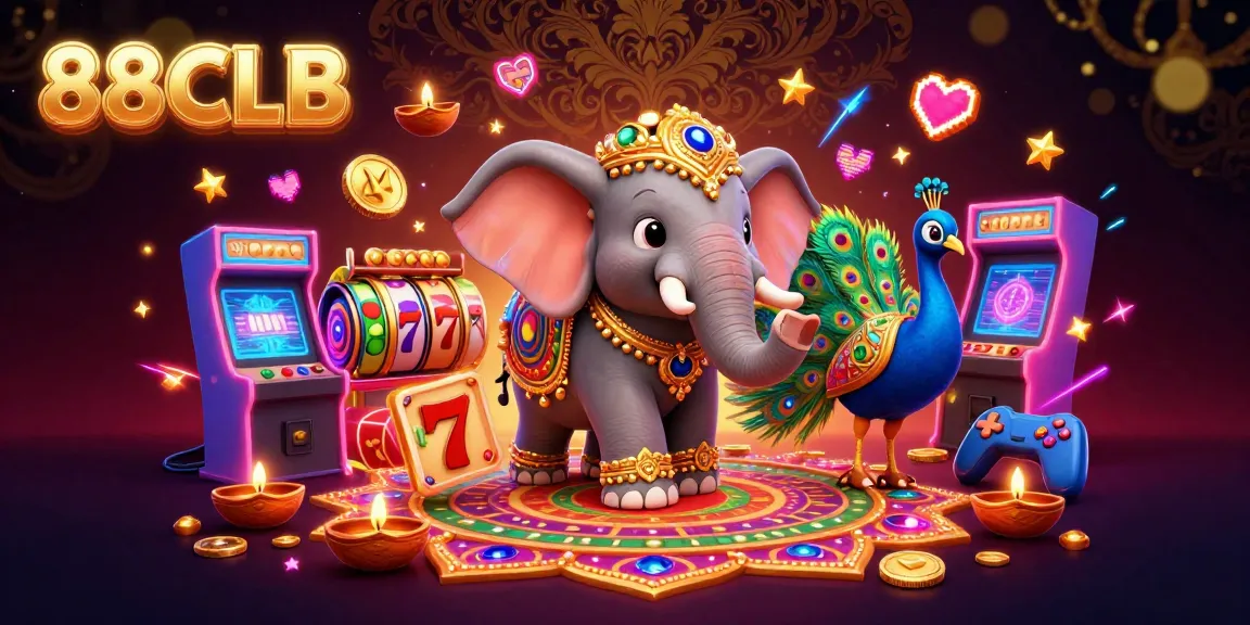 Engage with 88CLB's colorful casino adventure, featuring festive elements and slot machines.