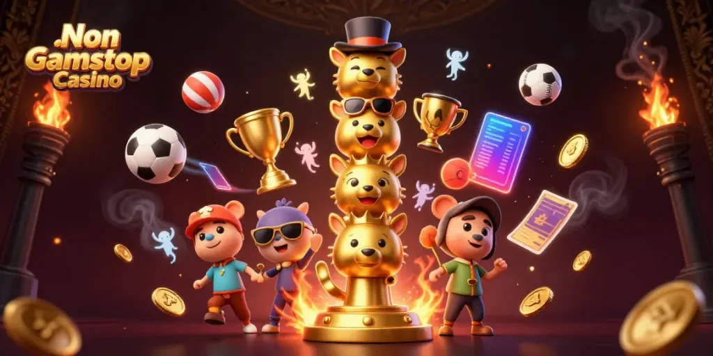 Experience the excitement of Non Gamstop Casino with a vibrant 3D illustration capturing lively gaming action.