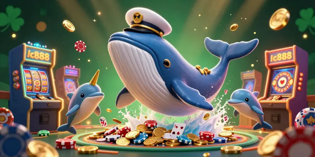 Engage with lc888 and win at an exciting online casino showcasing lively characters surrounded by shimmering coins and games.