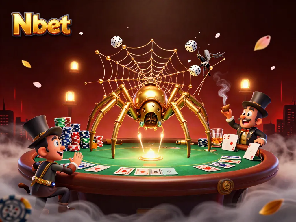N bet captures the essence of high-stakes gambling with a golden steampunk spider and festive poker scene.