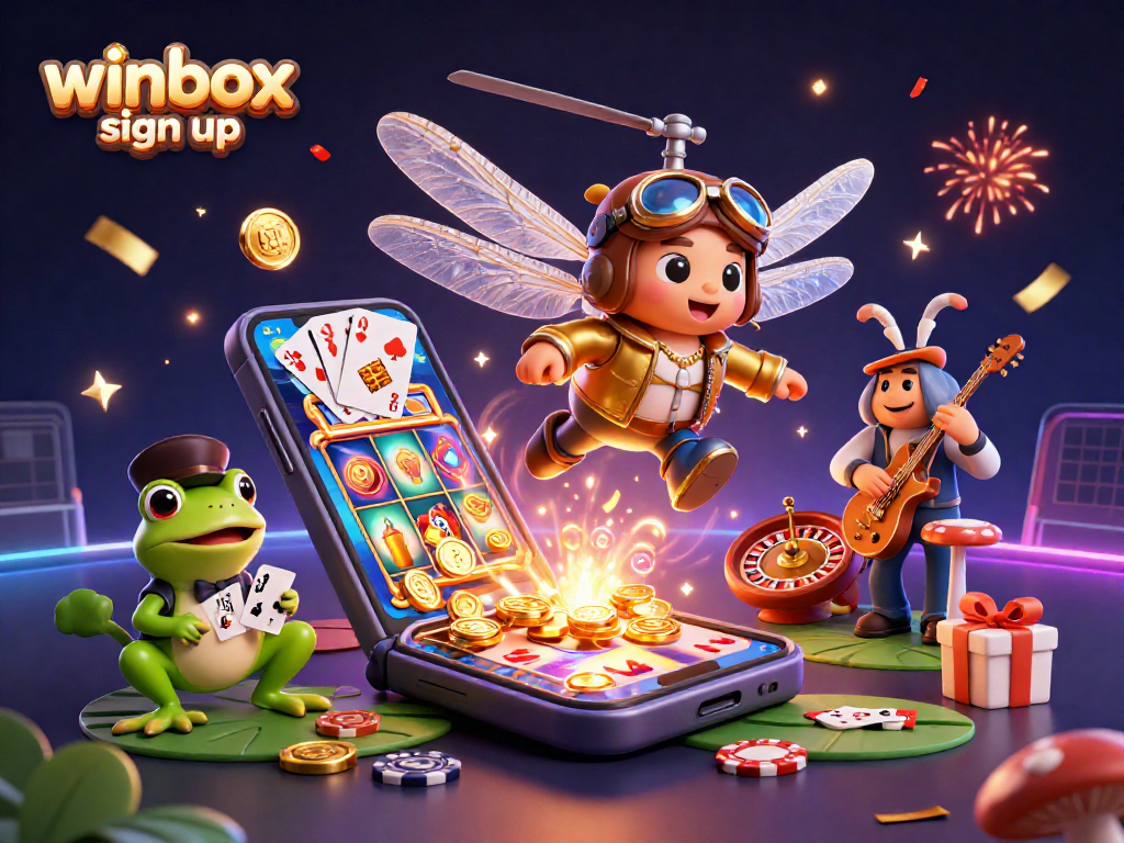 Experience the excitement of winbox sign up with a vibrant 3D casino scene filled with games and fun.