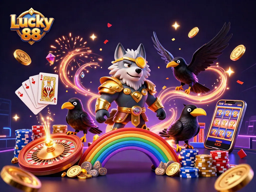 Engage with Lucky 88's thrilling gaming adventures among cascading coins and vibrant casino imagery.