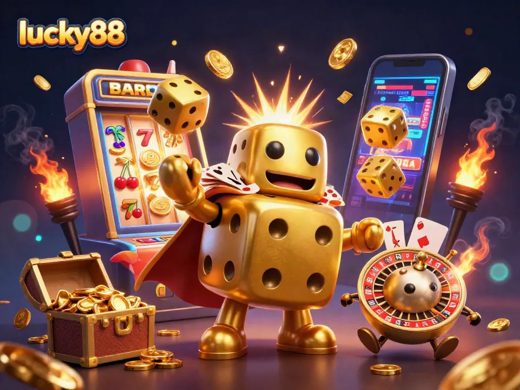 Win big with lucky88 in an energetic 3D casino scene filled with vibrant colors and game elements.