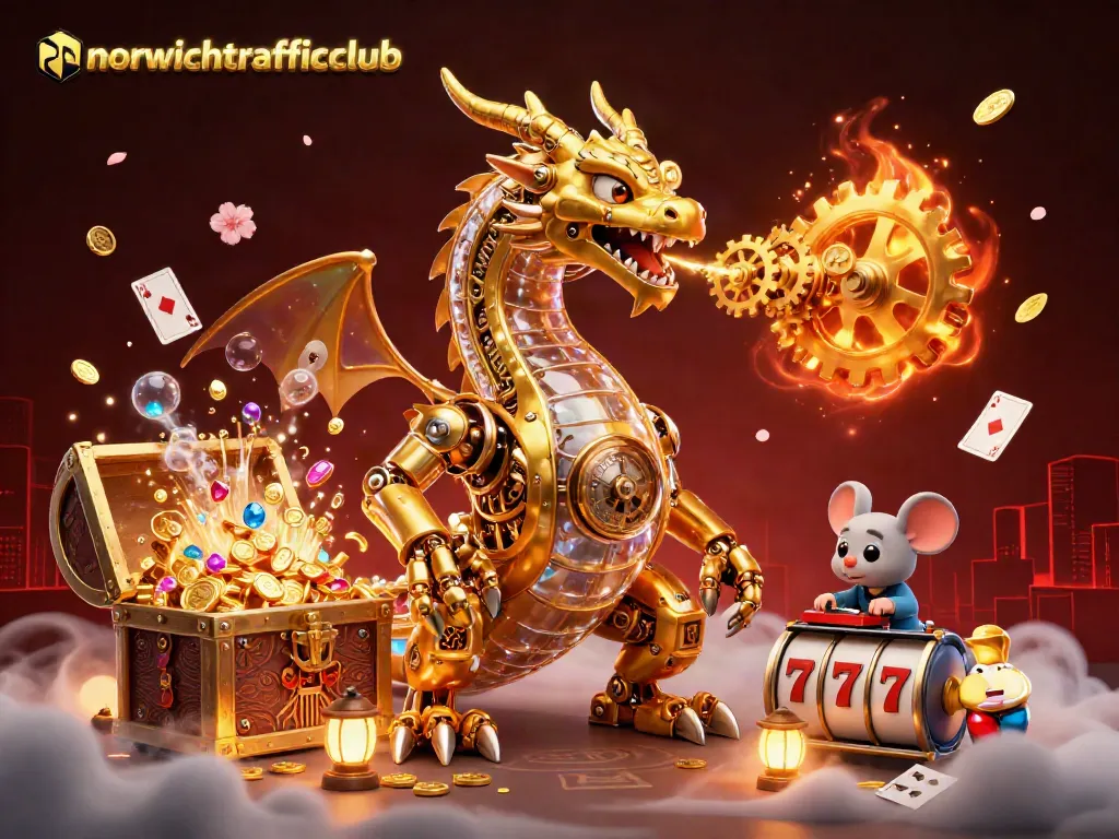 Engage with the norwichtrafficclub through an energetic 3D scene featuring gaming elements and treasures.