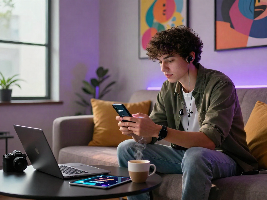 Young man engaging in nsfw ai chat on smartphone in stylish urban setting with tech gadgets.