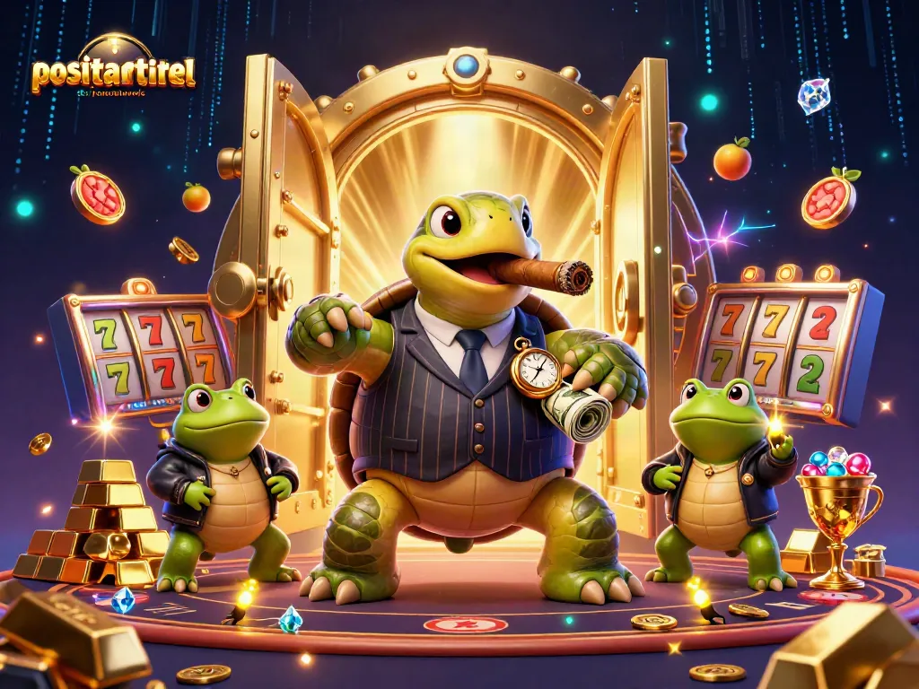 Positanorestaurants features a dynamic 3D illustration with a turtle mobster and bullfrogs, surrounded by casino elements.