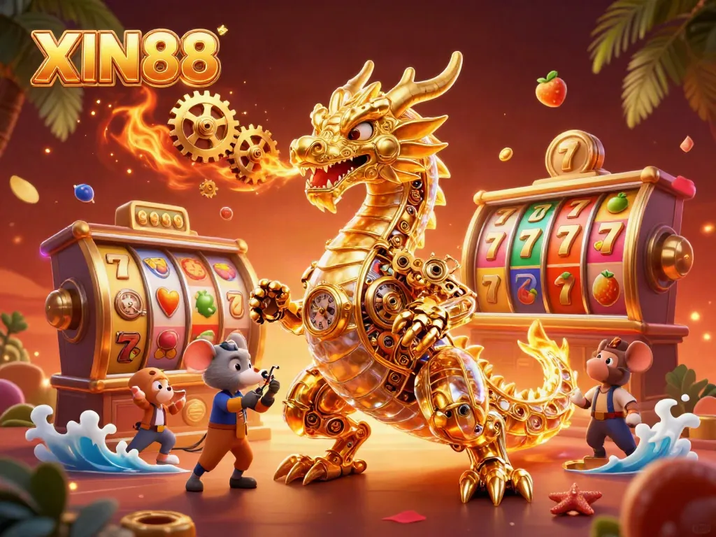XIN88 engages players with an immersive gaming experience featuring slots and a golden dragon.