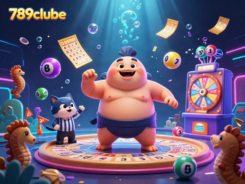 Engage in thrilling gameplay at 789clube, where a cartoon fugu referee oversees colorful lottery action.