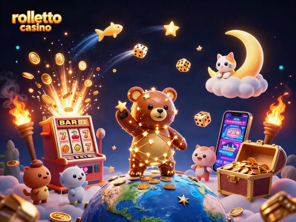 Engage with rolletto casino's vibrant world of slots and rewards in a captivating 3D scene.