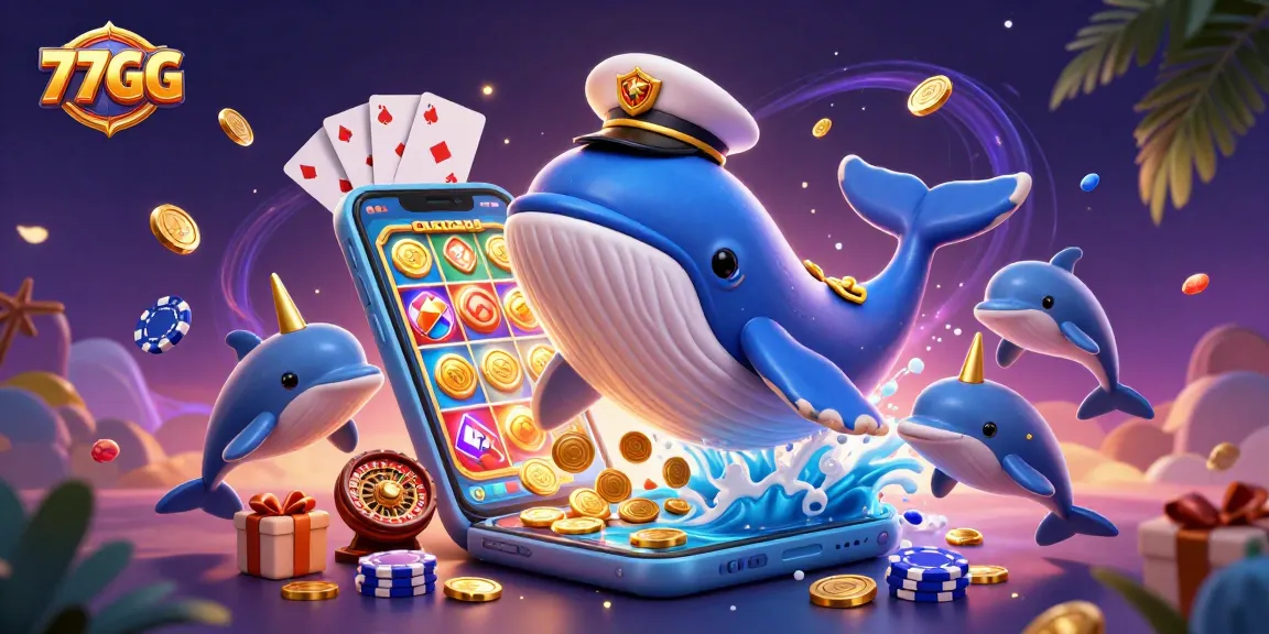 77GG whale and narwhal playfully showcasing slots and poker chips in a vibrant digital casino.
