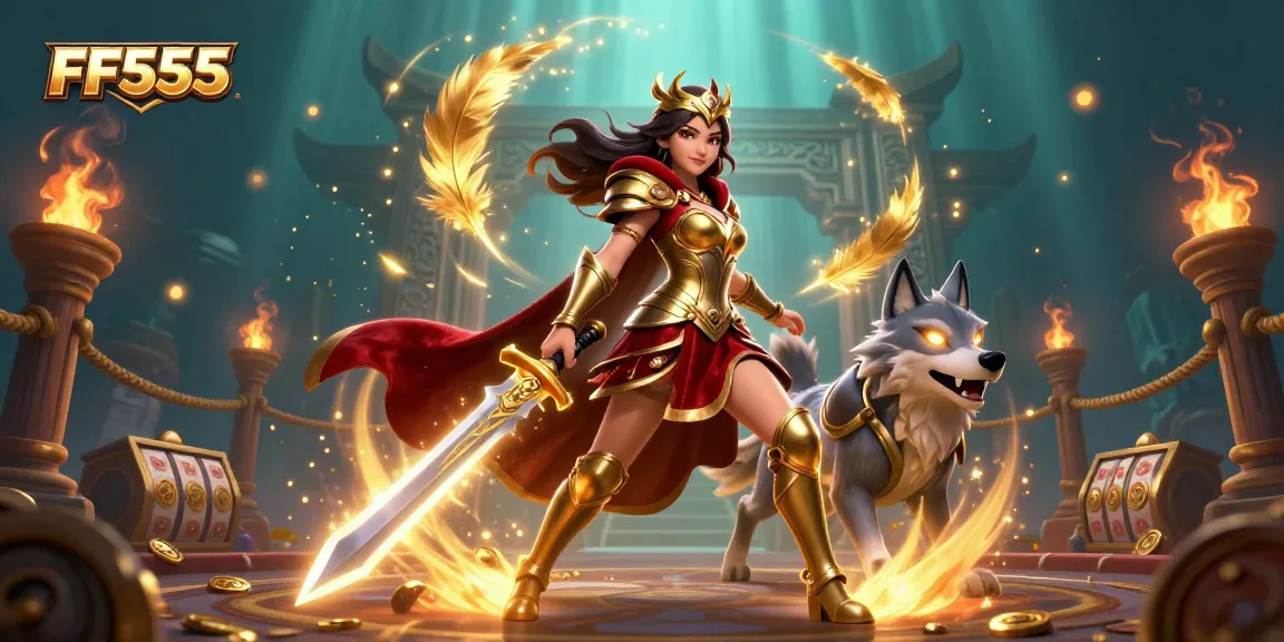 Engage with the thrilling FF555 online slots scene featuring a warrior queen and glowing wolf.