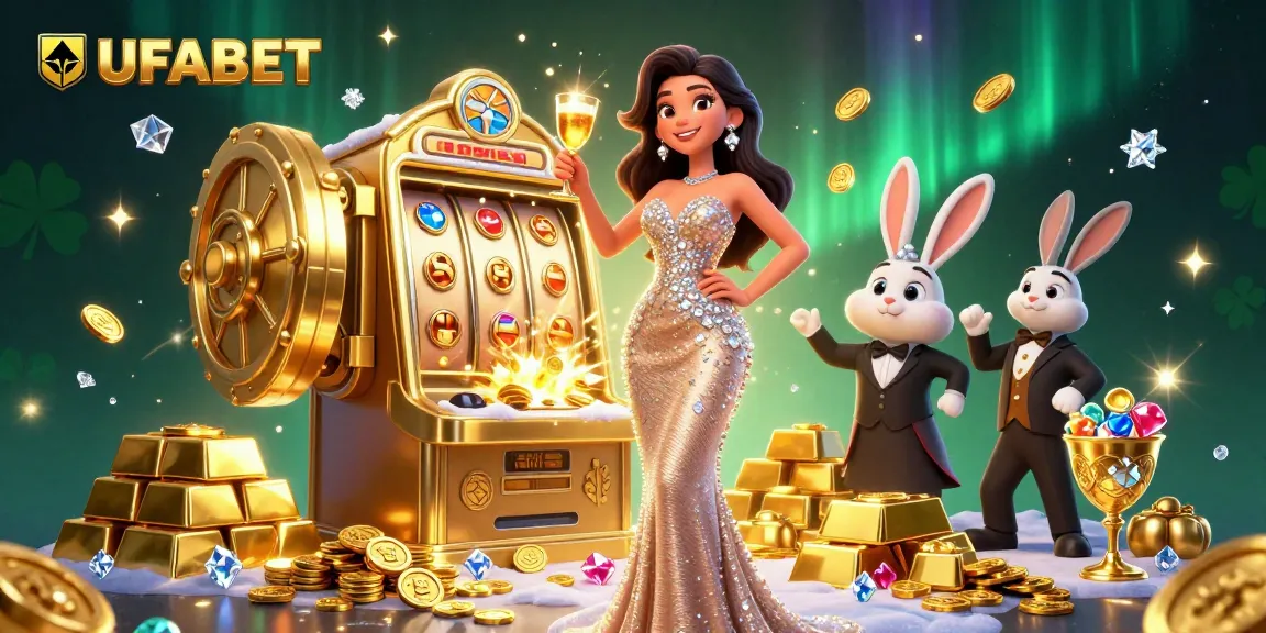 Experience the excitement of UFABET with a stunning 3D scene showcasing casino elements and big wins.