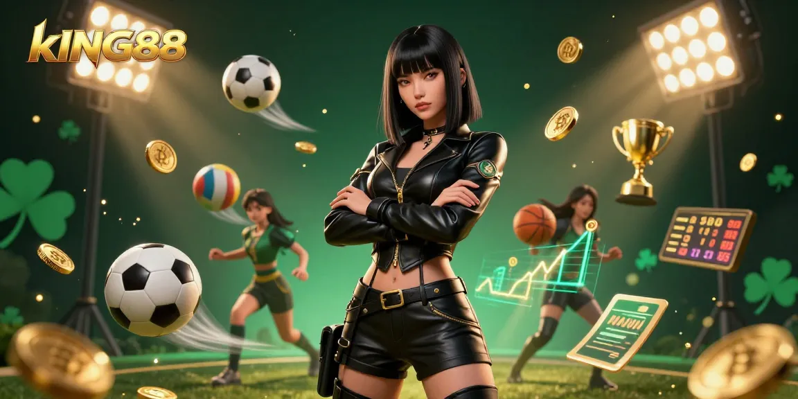 Engage with thrilling kING88 gameplay, featuring a stunning 3D illustration of sports betting action amidst trophies and golden coins.