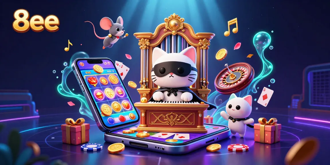 Engage in vibrant casino action with 8eee as a masked cat and acrobat create magic.