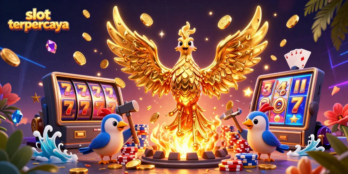 Experience the excitement of slot terpercaya with a vibrant 3D scene showcasing golden phoenix and casino elements.