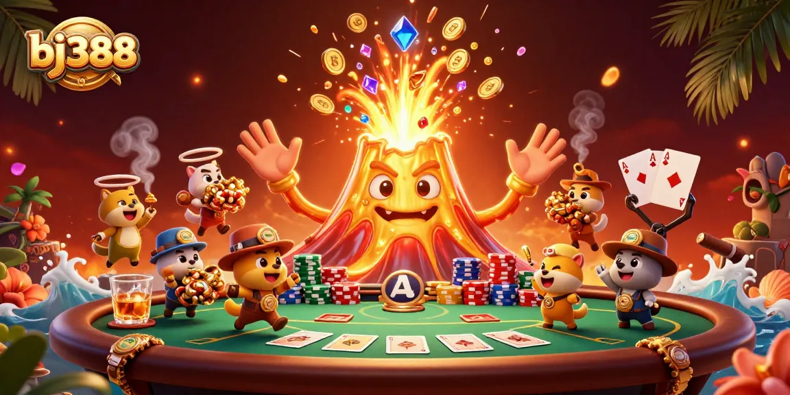 Experience the thrill of bj388 with treasures galore erupting from a triumphant volcano in this action-packed casino scene.