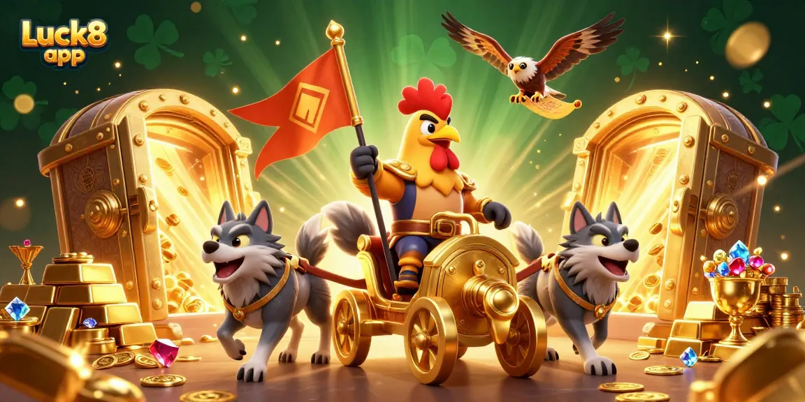 Engage in the excitement of casino adventures with the Luck8 app featuring a battle-ready rooster in a vibrant 3D illustration.