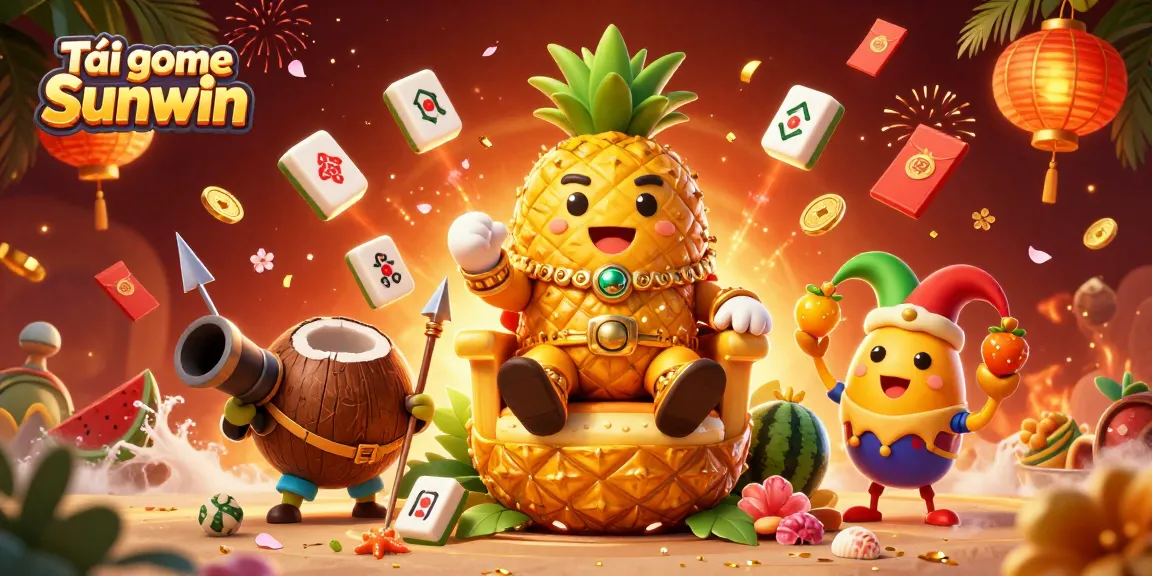 Tải game Sunwin with an ultra-detailed scene featuring a pineapple king, coconut guards, and festive casino elements.