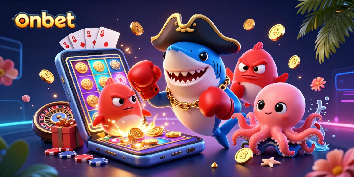 Experience the thrill of online gaming with onbet's vibrant casino illustration featuring a winning pirate and friends.