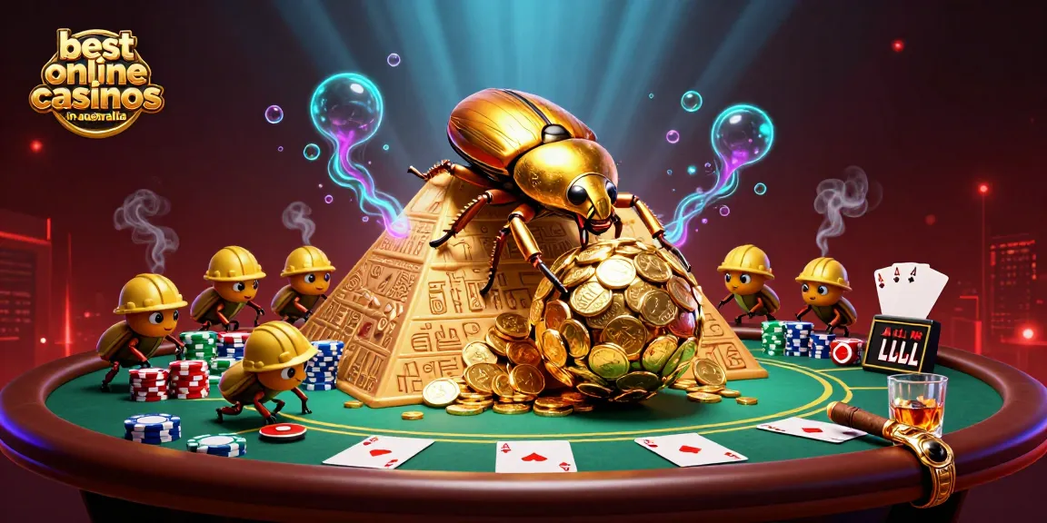 Engage with the best online casinos in Australia featuring vibrant 3D beetle illustrations.