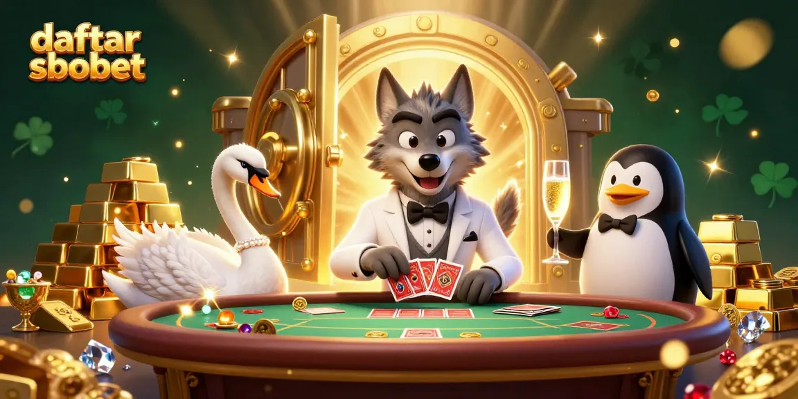 Engage in daftar sbobet with vibrant gaming action featuring a wolf, swan, and penguin.
