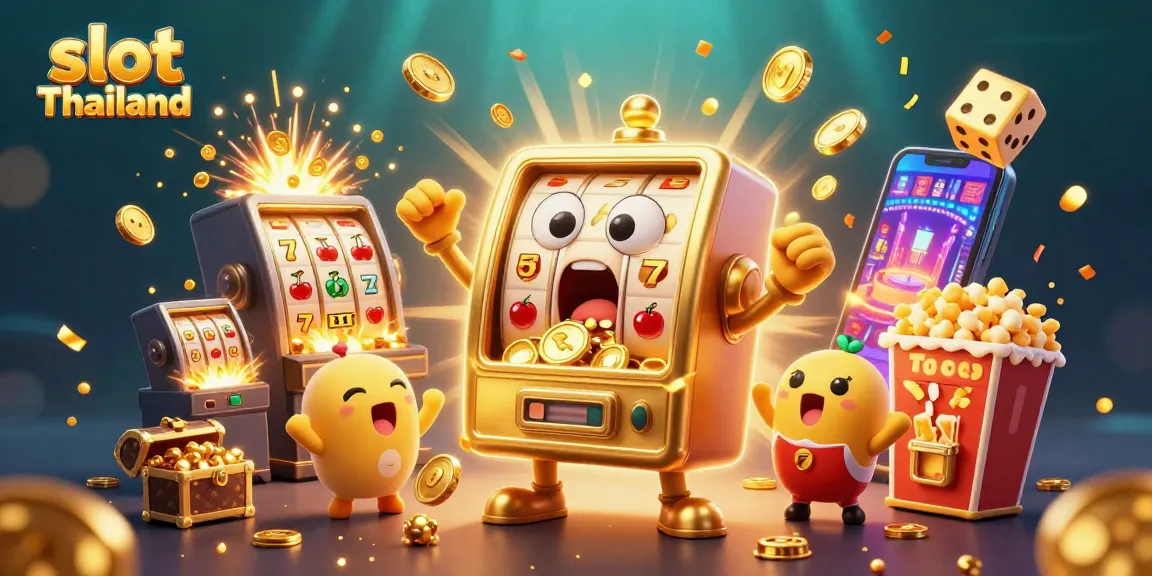 Slot Thailand menghadirkan keseruan jackpot dengan mesin slot emas dan karakter kartun yang ceria.