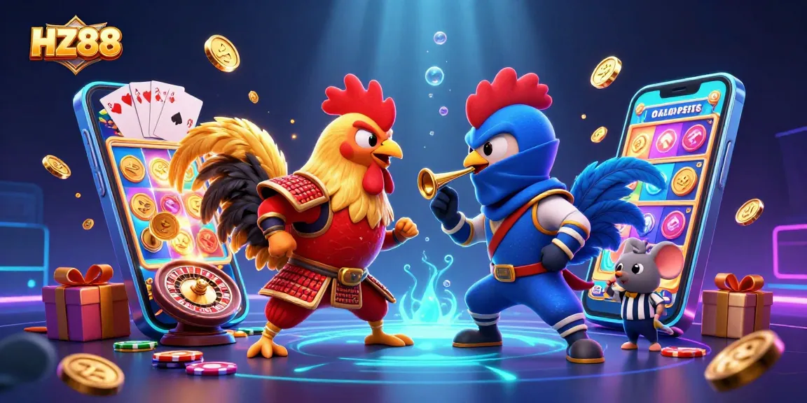 Experience excitement at HZ88 with twin roosters in epic battle amidst vibrant casino elements.