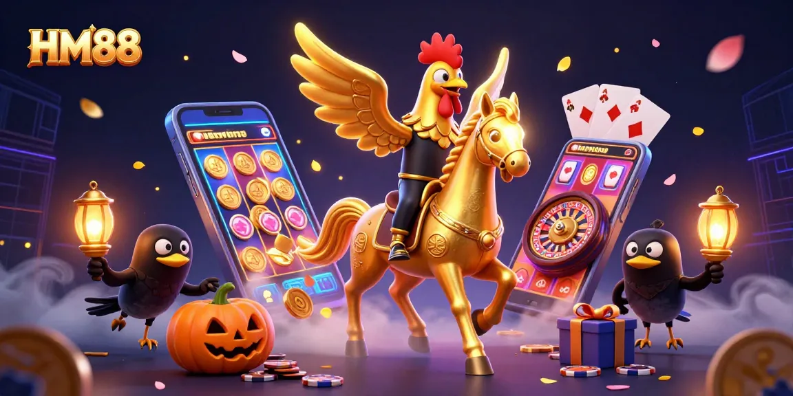 Experience thrilling gameplay at HM88 with a golden rooster in a dynamic casino scene.