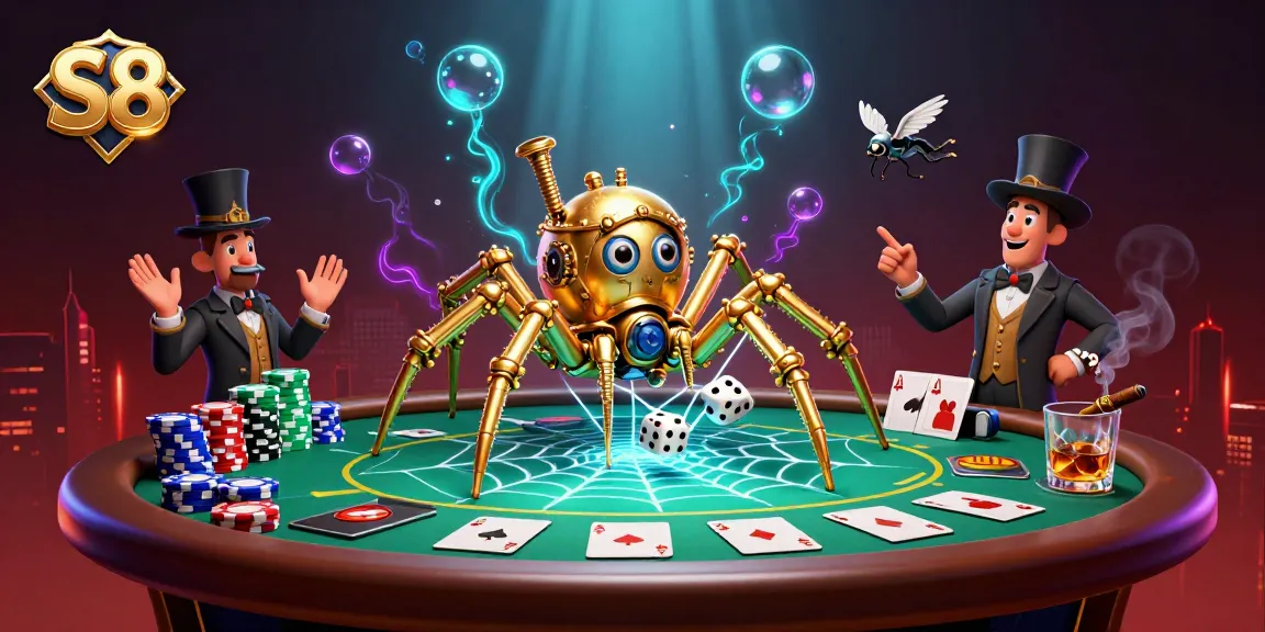 Catch the thrill of S8 as a golden spider weaves its web among poker elements and dice.