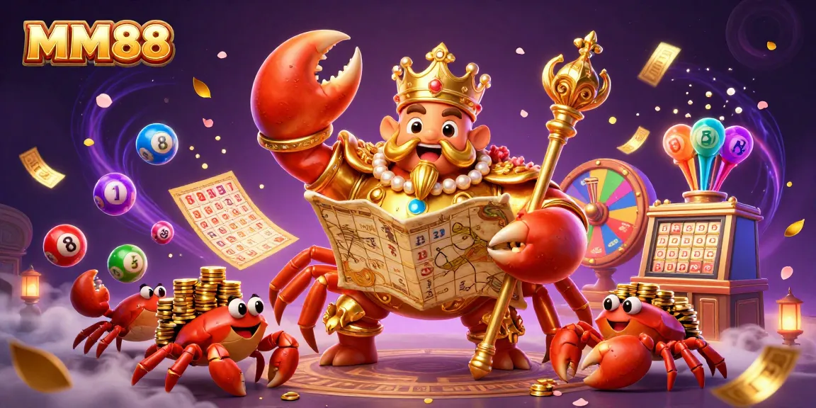 Experience MM88's exciting world of gambling with a golden crab emperor and vibrant lottery elements.