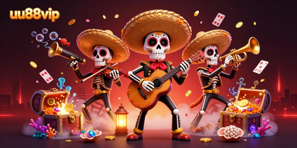 Engage in thrilling gameplay with uu88vip's vibrant 3D illustration showcasing a lively mariachi band and casino treasures.