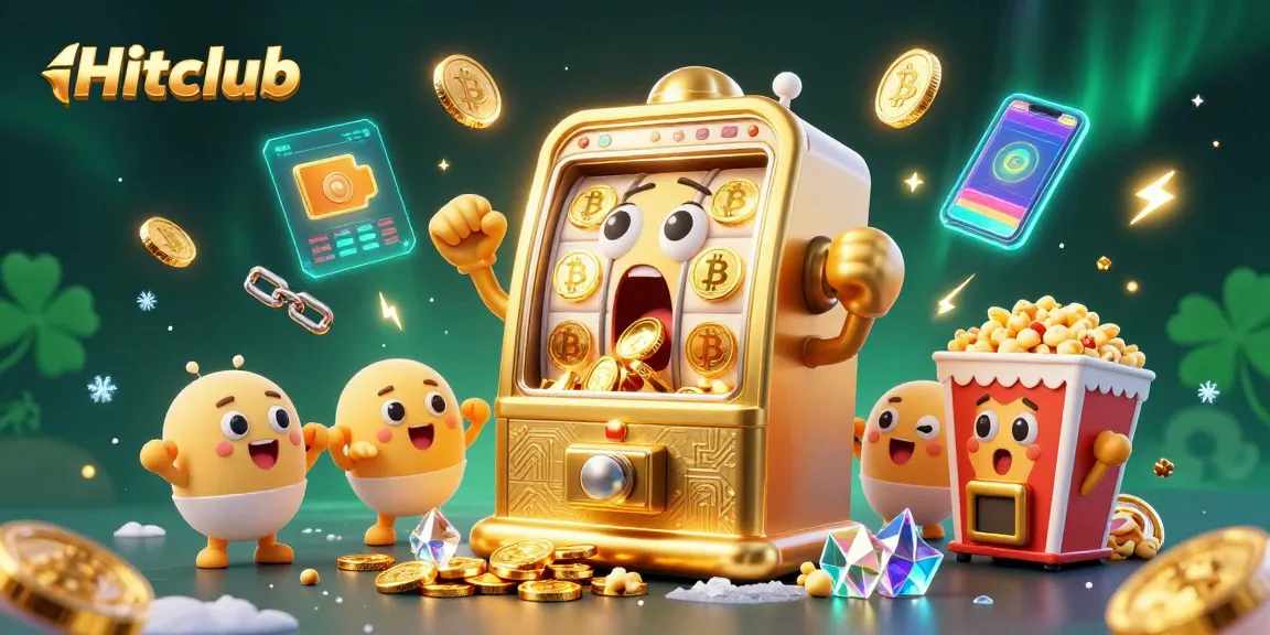 Hitclub slot machine celebrates a jackpot, surrounded by colorful coins and dynamic gaming elements.