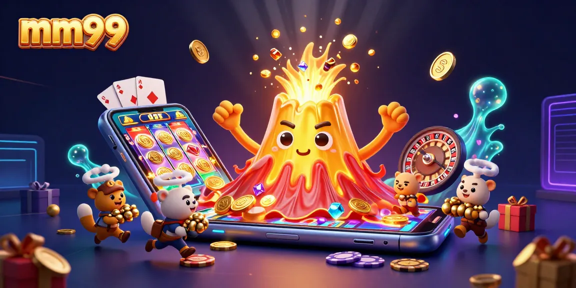 Experience mm99's thrilling gaming world with gems erupting from a golden volcano, dynamic slot symbols, and vibrant treasures.